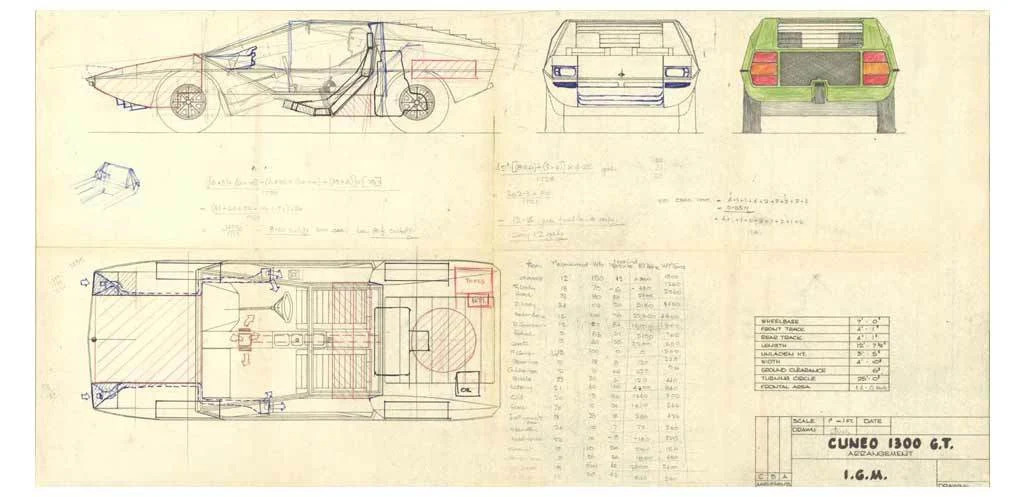 Bocetos del diseño del Cuneo 1300 GT por Gordon Murray
