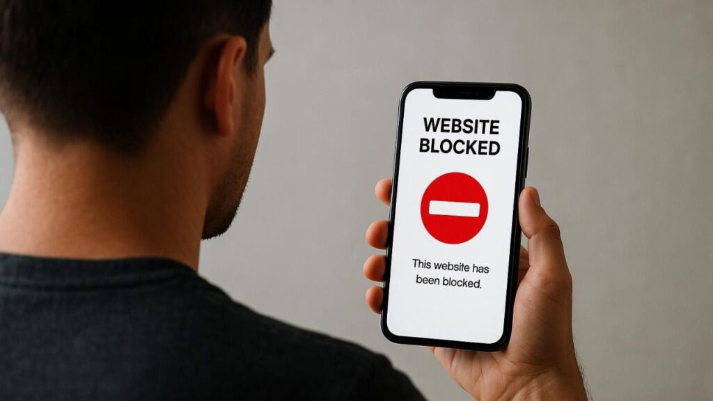 Una persona de espaldas mirando en primer plano un móvil en el que se ha prohibido una página.