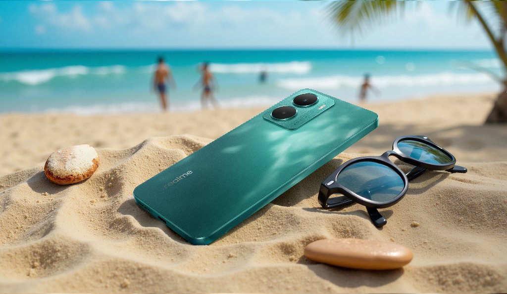 Teléfono inteligente verde sobre la arena de la playa junto a gafas de sol