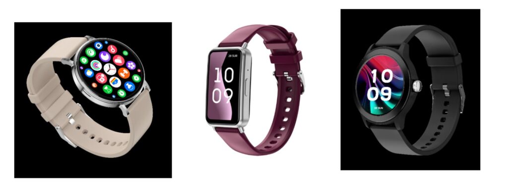 Tres modelos de smartwatch en diferentes colores y estilos.