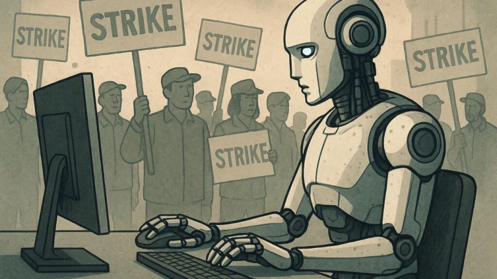 Ilustra una inteligencia artificial agéntica trabajando mientras los humanos están en huelga