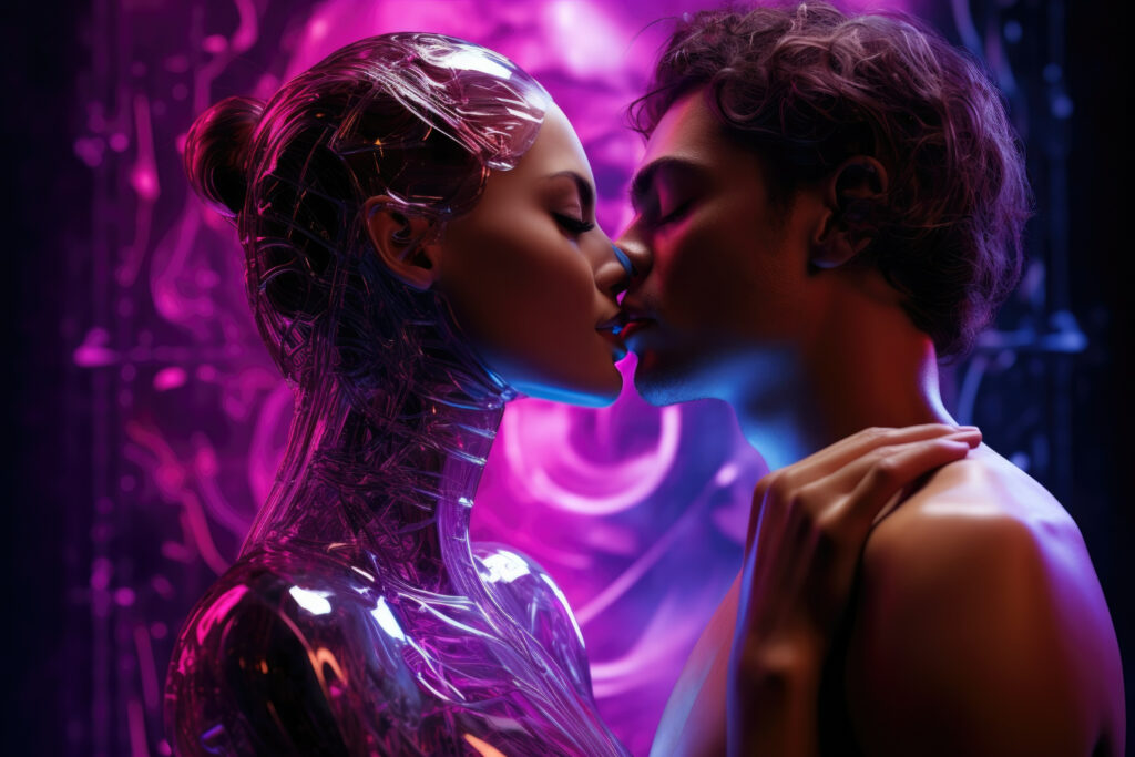 Un humano y un robot se besan en un entorno futurista y colorido.