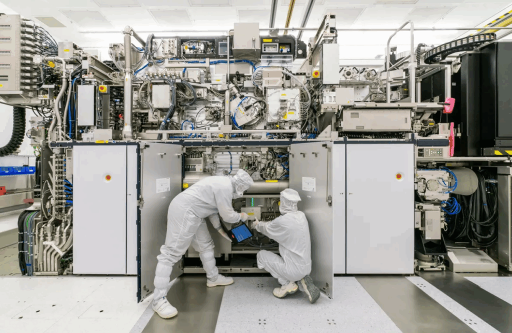 Técnicos trabajando en maquinaria tecnológica en un entorno limpio