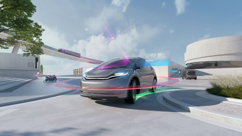 Vehículo autónomo en un entorno urbano futurista con tecnología avanzada.