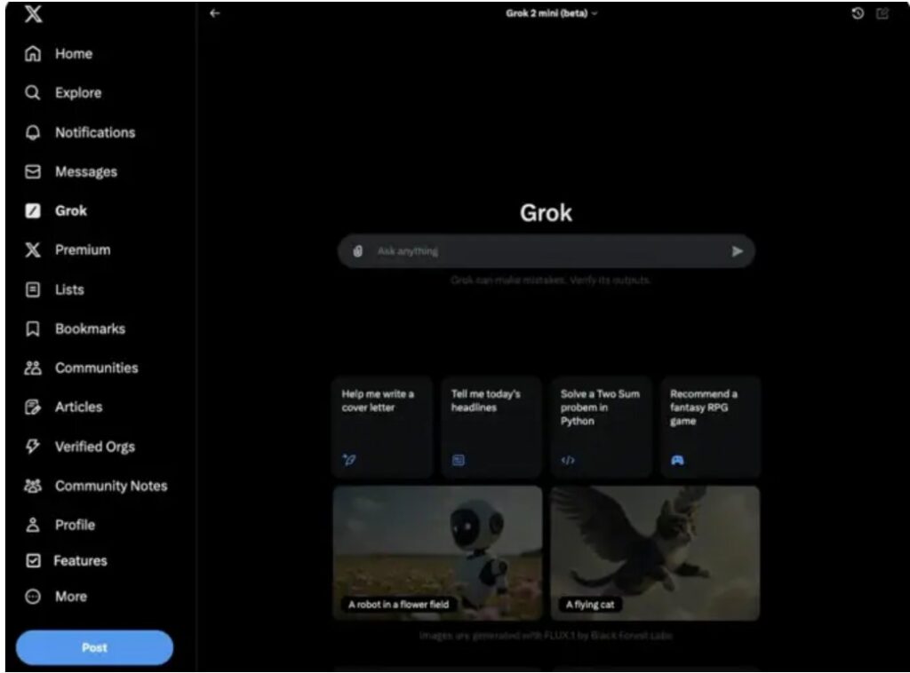 Interfaz de Grok 2 mini con opciones de preguntas y respuestas
