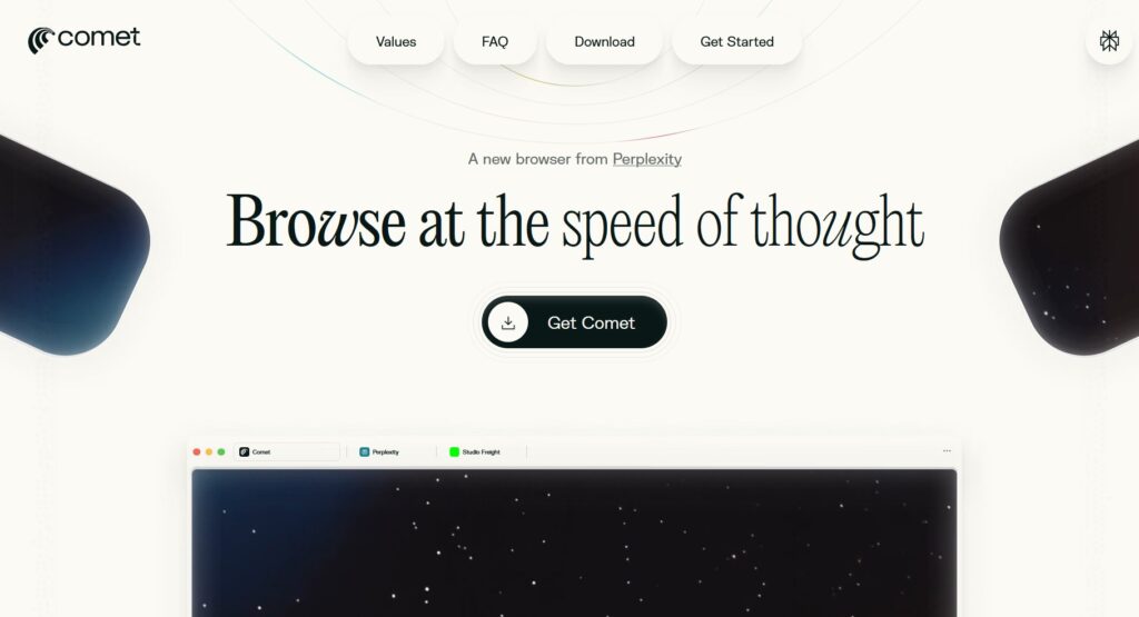 Interfaz del navegador Comet mostrando su diseño elegante y moderno.