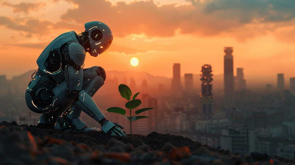 Robot agachado cuidando una planta con puesta de sol de fondo