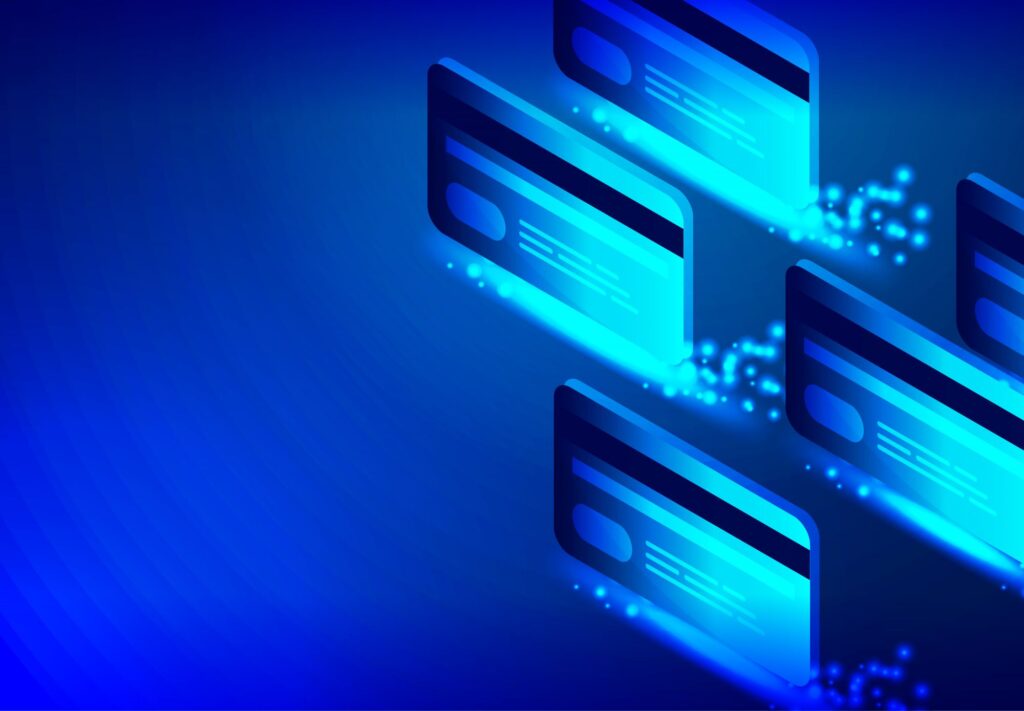 Ilustración de tarjetas de crédito digitales en un fondo azul