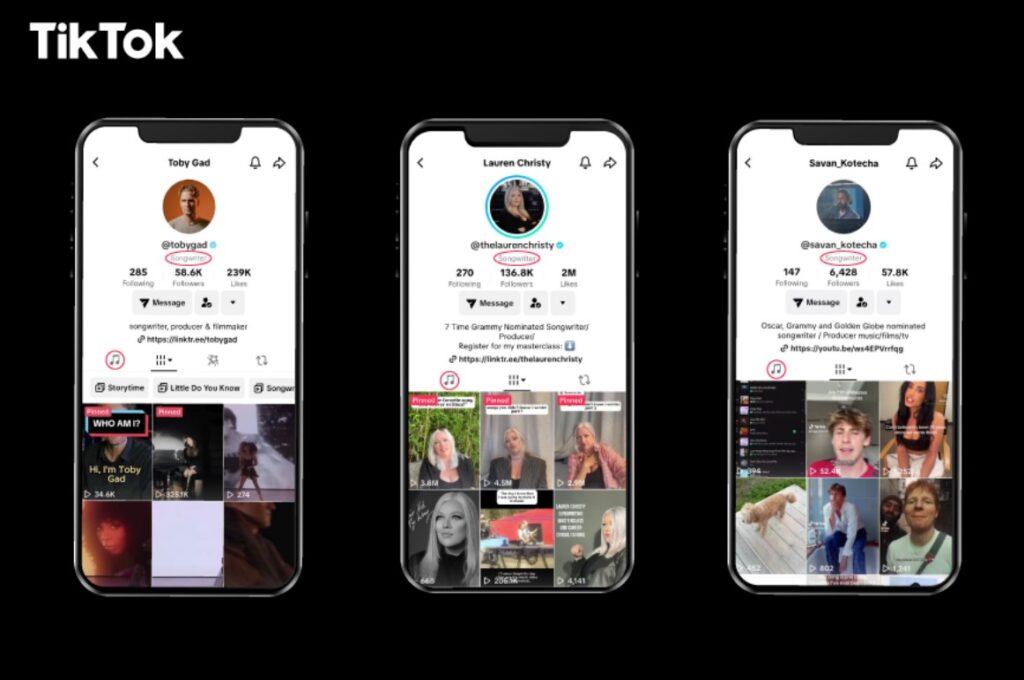 Tres perfiles de TikTok de cantautores destacados en teléfonos móviles.