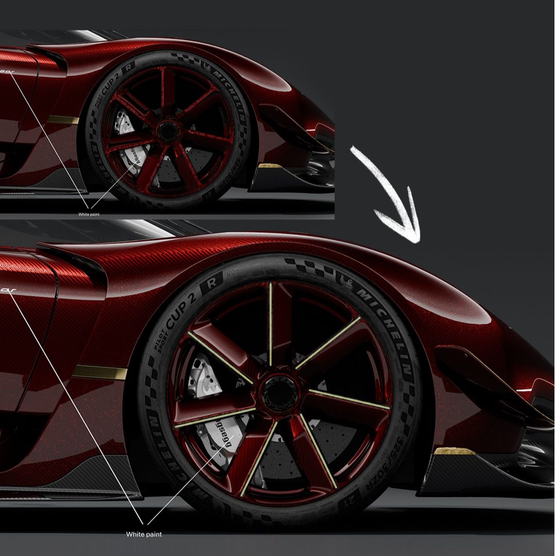 Llantas del Koenigsegg Sadair Spear Carbon red y detalles en oro