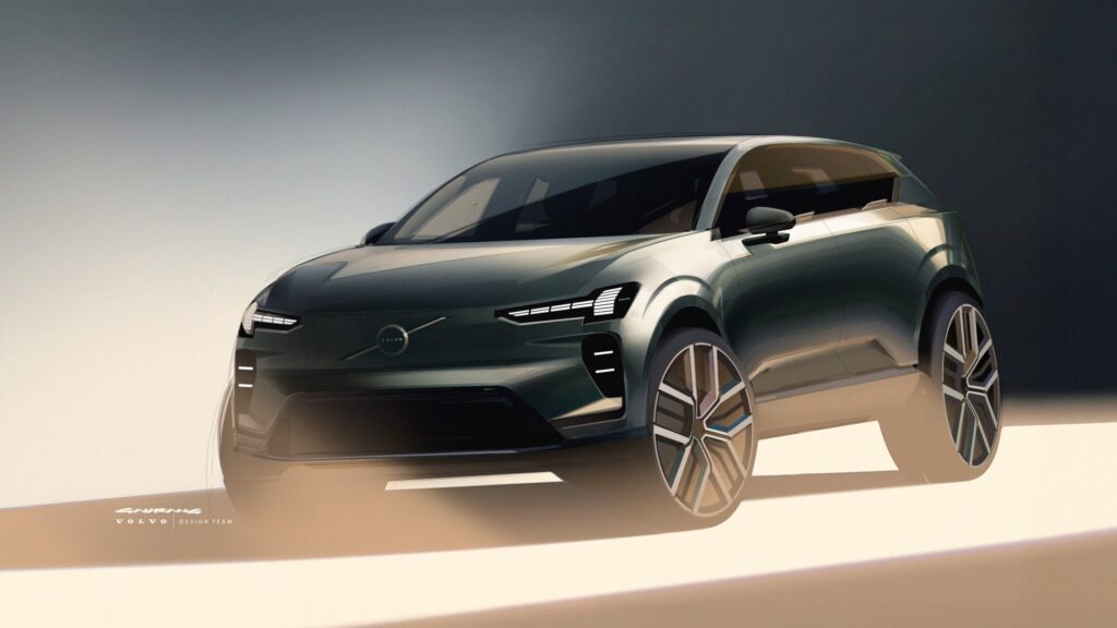 Diseño conceptual del Volvo EX60 con detalles modernos y elegantes.