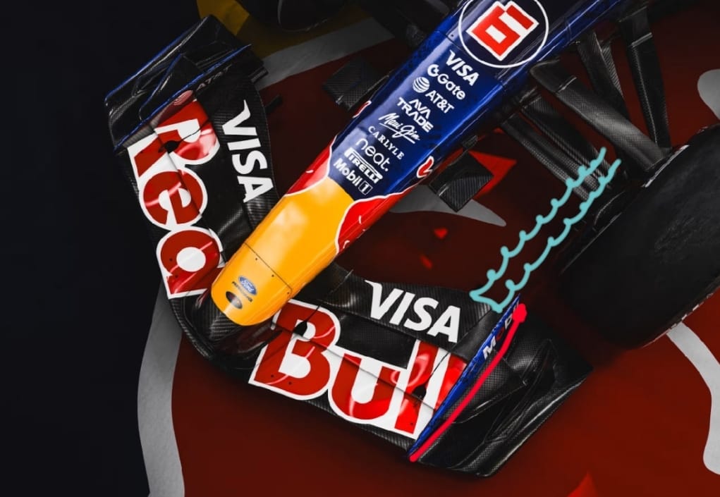 Estructuras de vórtices en el alerón delantero del nuevo Red Bull RB22 en Fórmula 1.