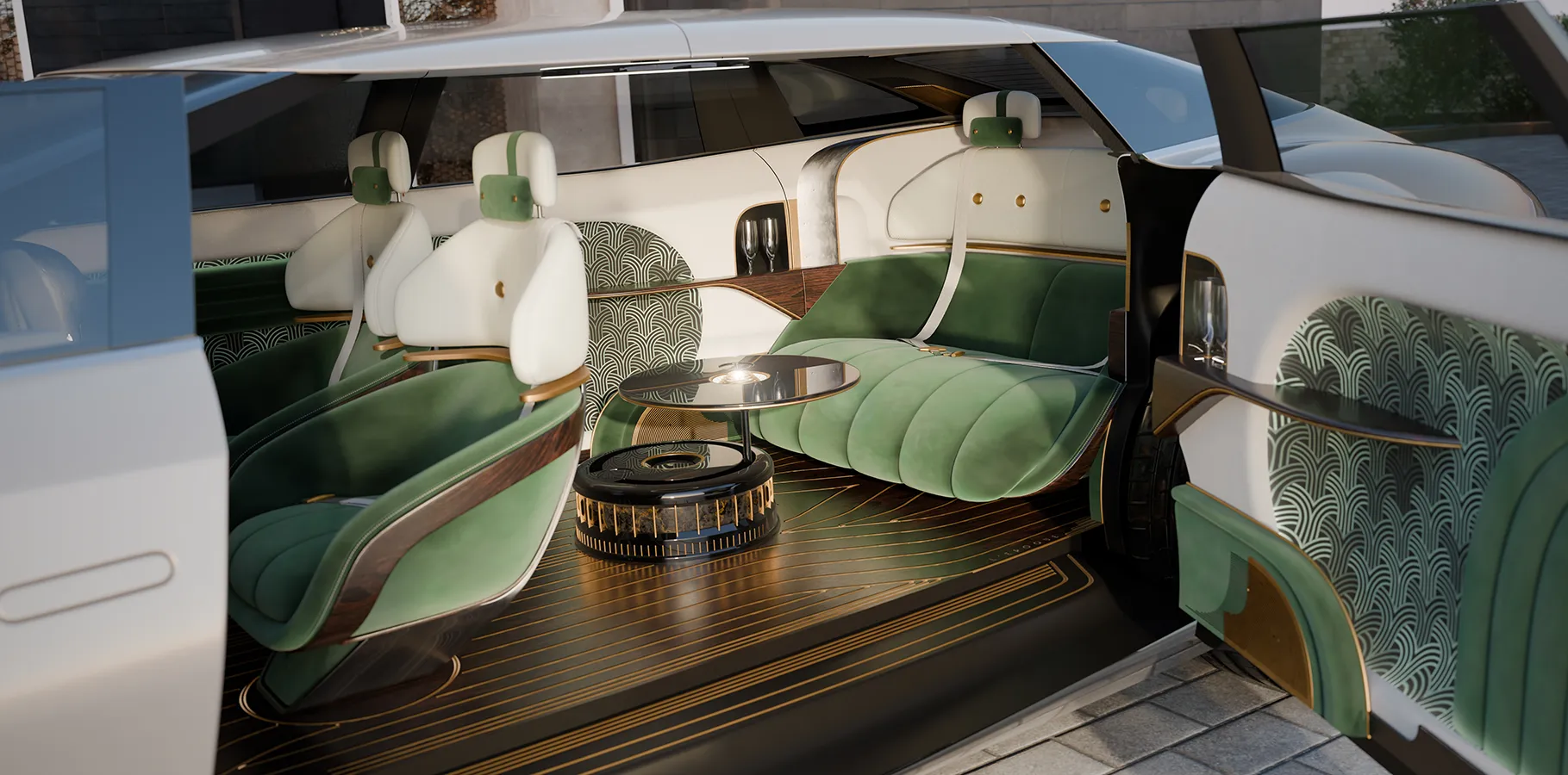 Interior del Aznom L’Epoque con asientos elegantes y mesa central.