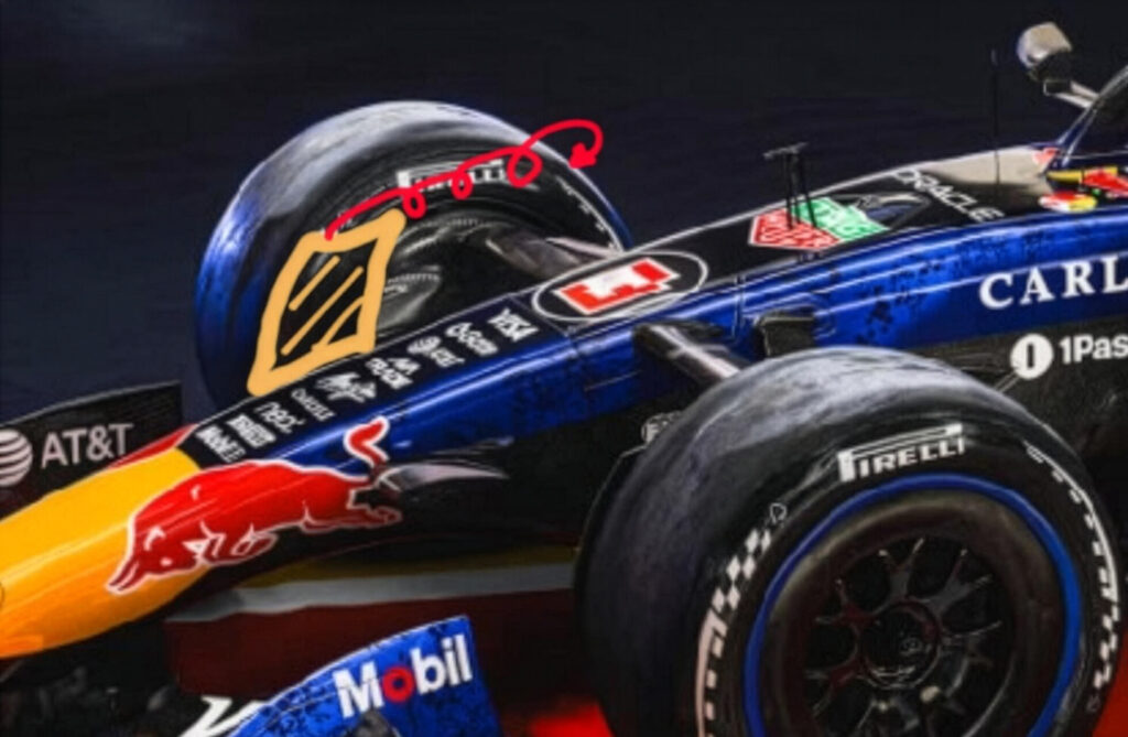 Pequeña cubierta en el neumático delantero del nuevo Red Bull RB22 de Fórmula 1.