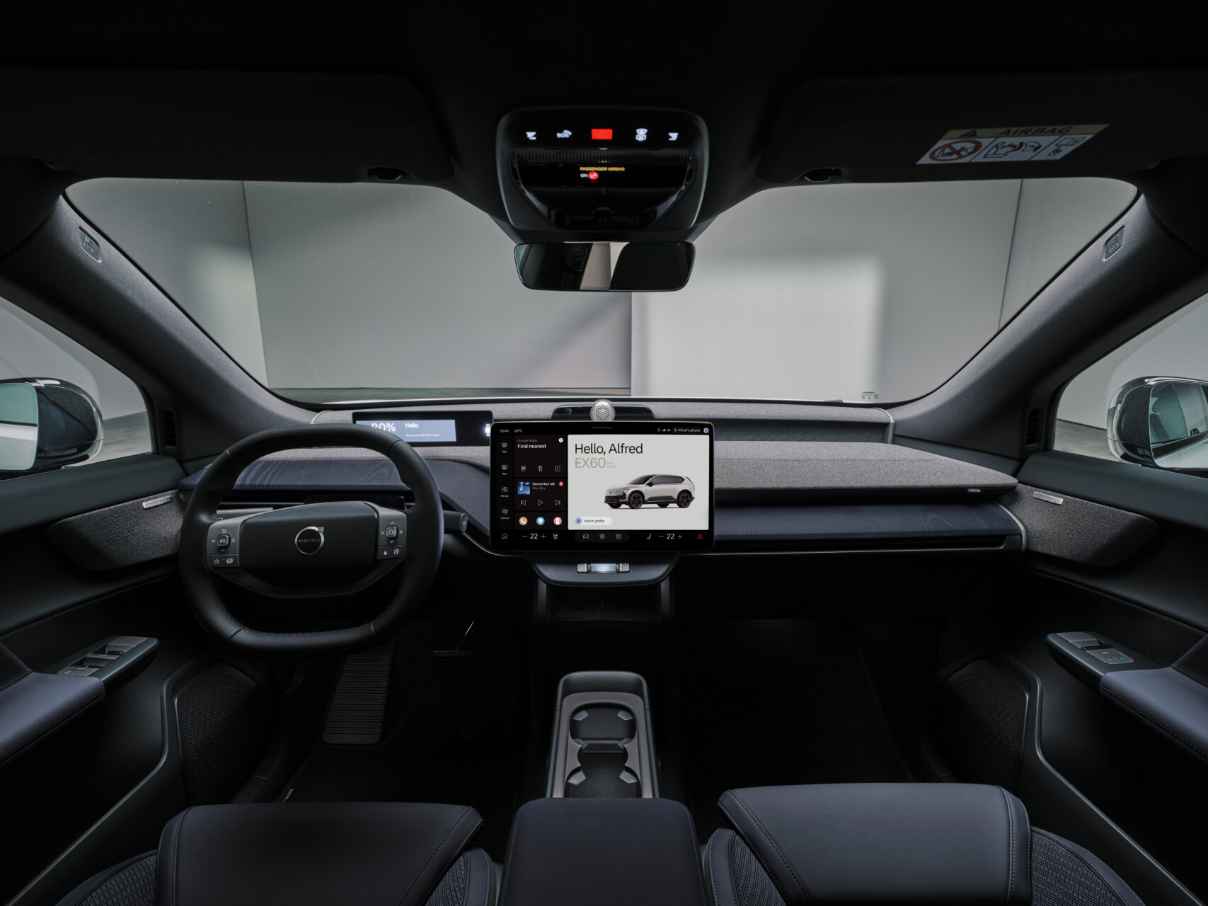Interior del Volvo EX60 con tecnología avanzada y diseño escandinavo