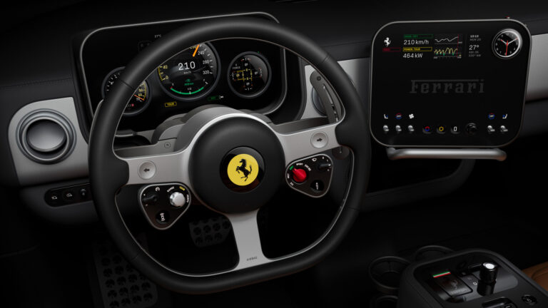Vista del volante y consola del Ferrari Luce con detalles técnicos