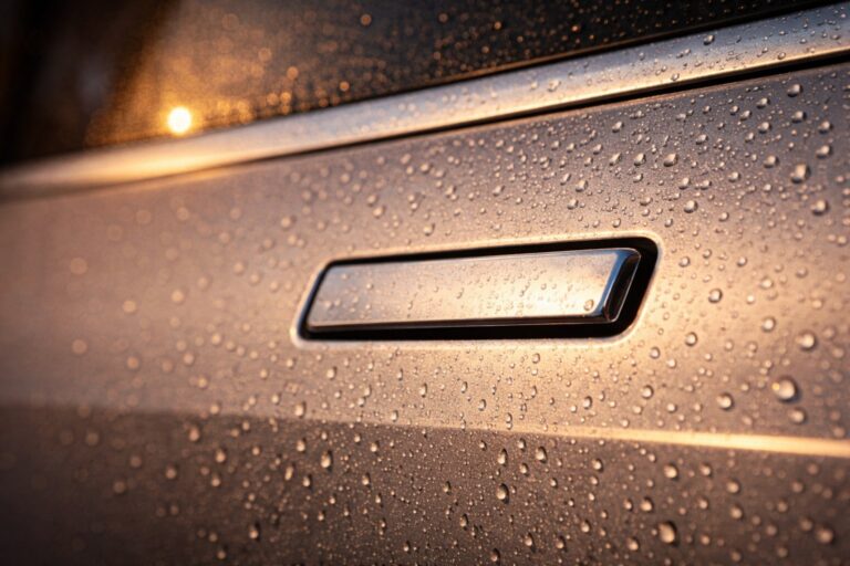 Manilla de puerta de coche con gotas de agua en la superficie