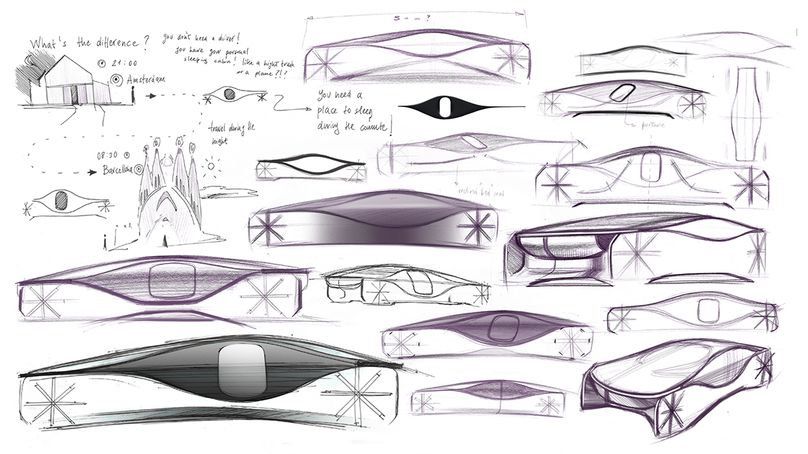 Bocetos del concept car TIME del IED Torino en colaboración con Tesla