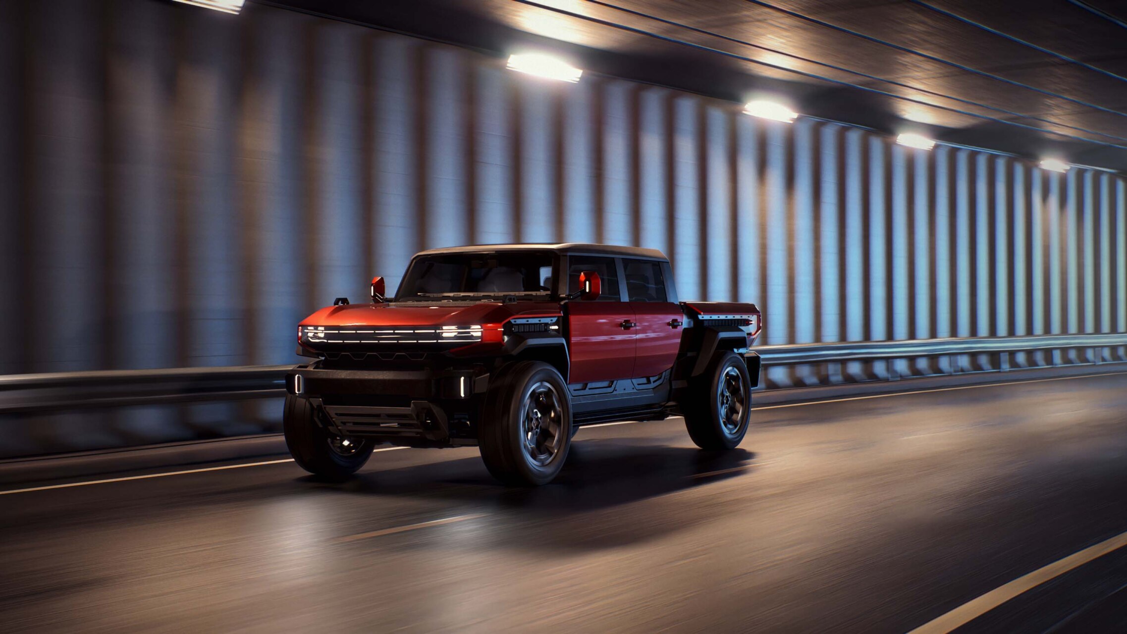 GMC HUMMER X concept vehicle en un túnel iluminado