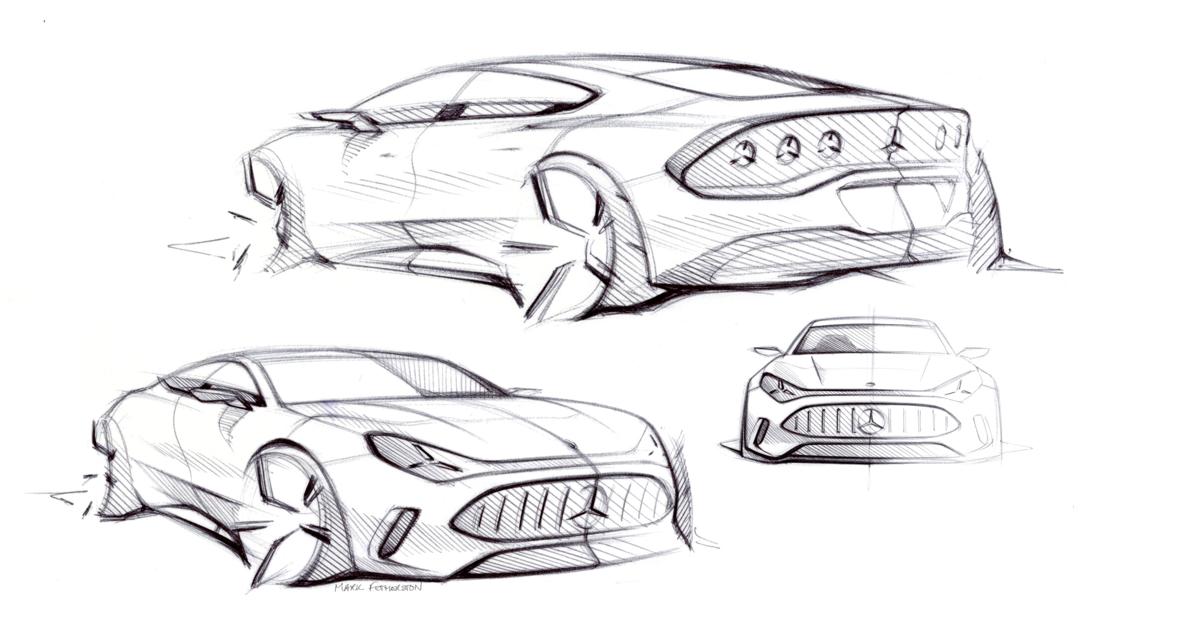 Dibujo del nuevo Mercedes-AMG GT 4 Puertas Coupé eléctrico con diseño aerodinámico.