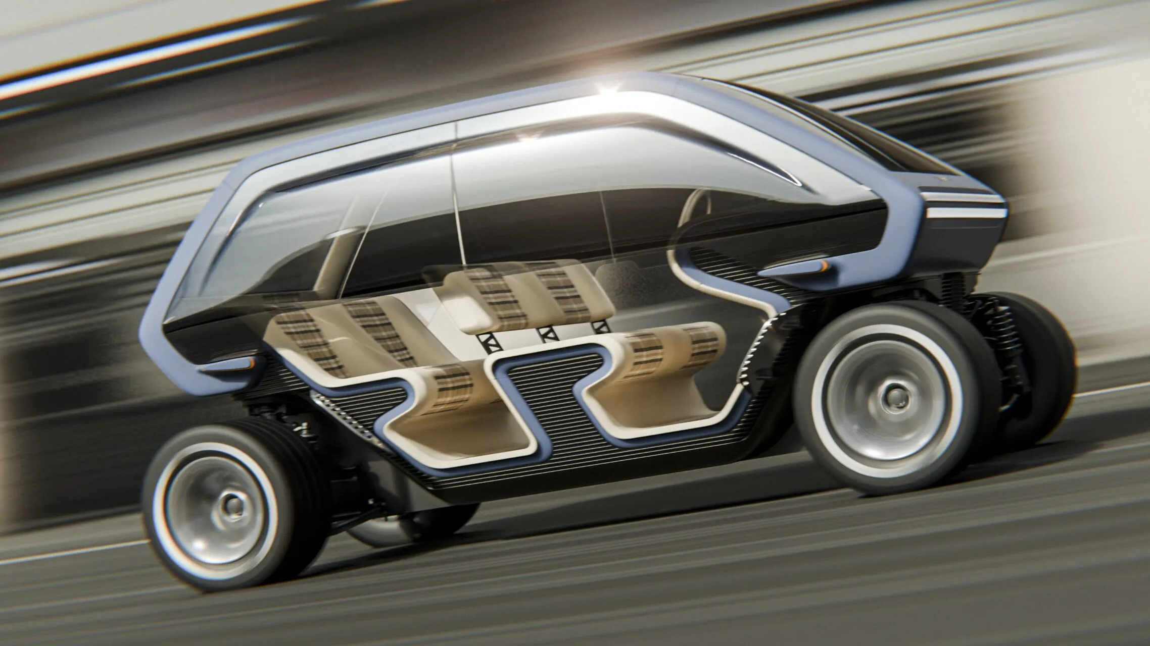 Concepto de vehículo Genesis Box Buggy en movimiento con diseño futurista