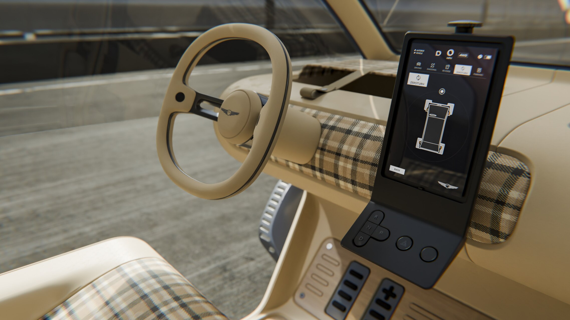 Interior del Genesis Box Buggy Concept con volante y pantalla digital