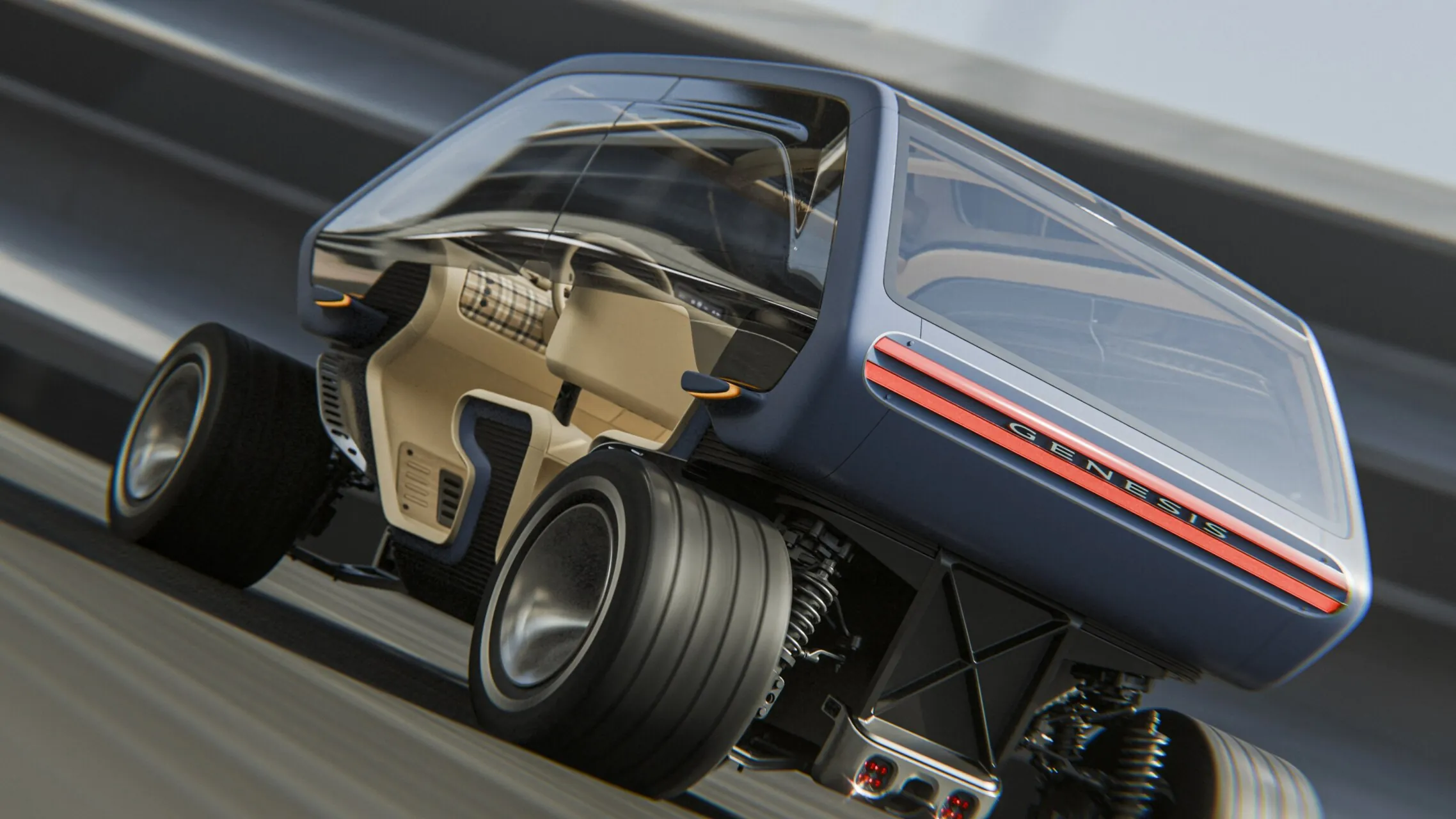 Concepto de vehículo Genesis Box Buggy en un circuito