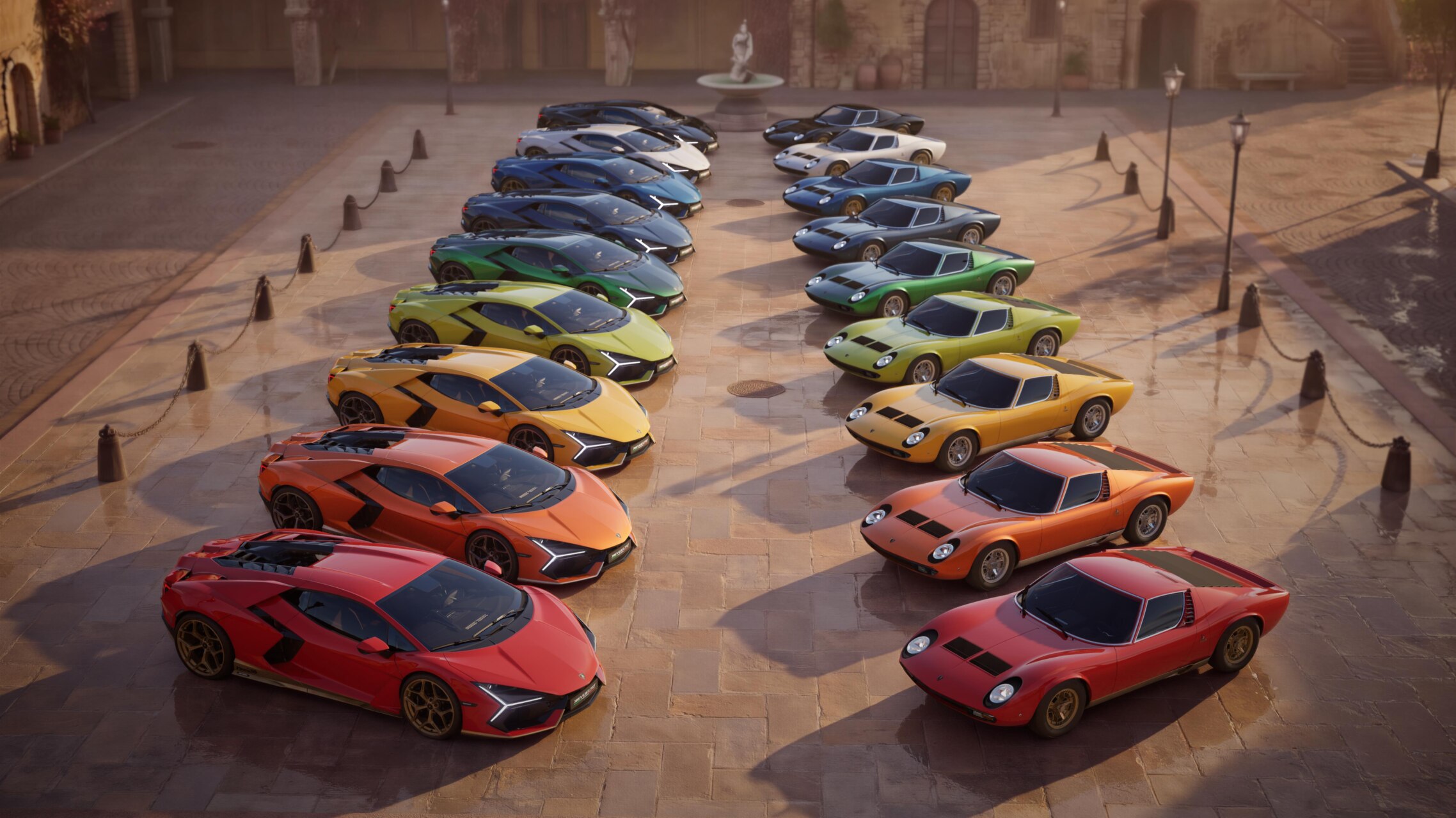 Varios modelos de Lamborghini, incluyendo el Revuelto y el Miura en un evento