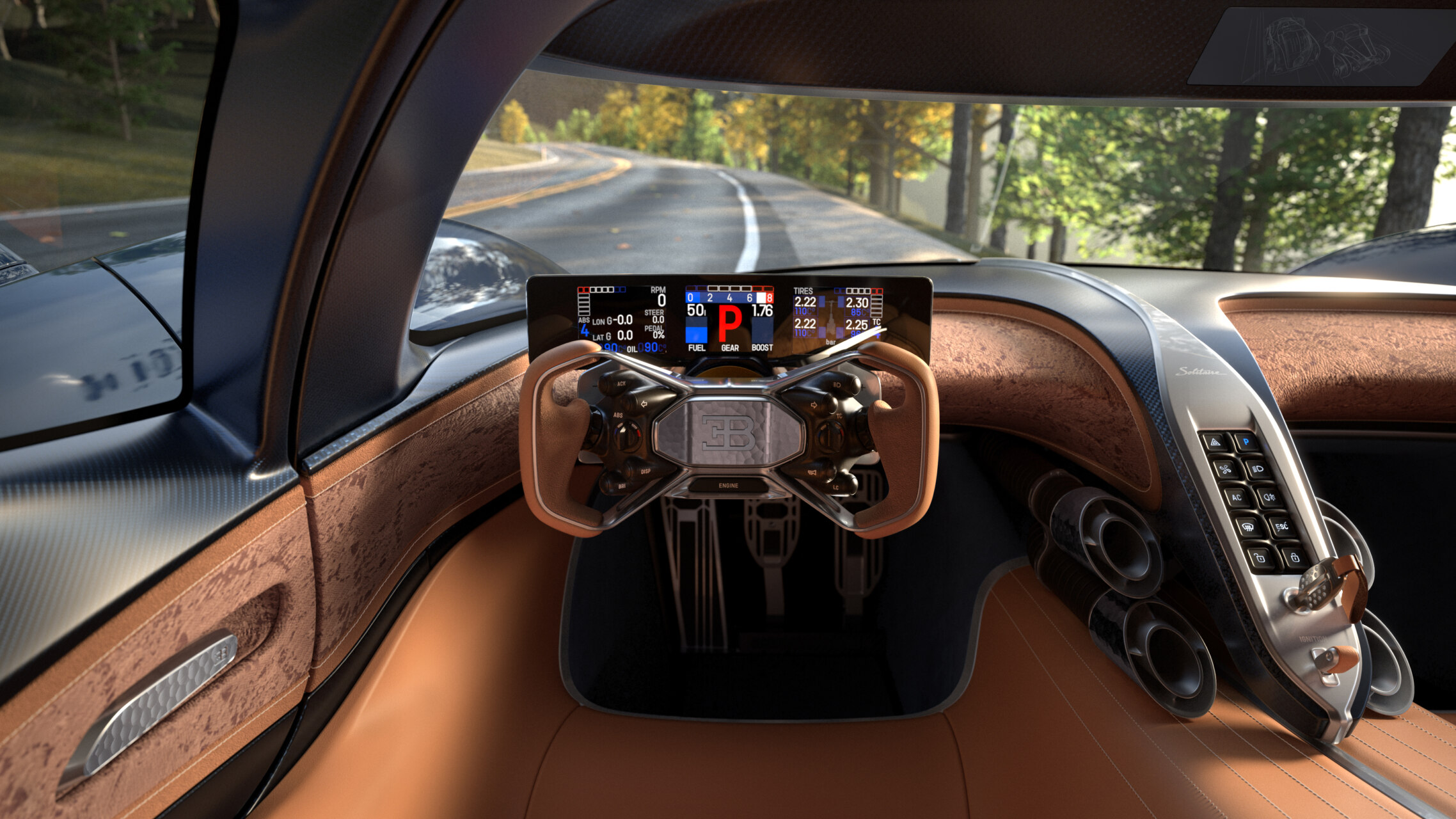 Vista del interior del Bugatti Destrier con detalles de diseño elegante.