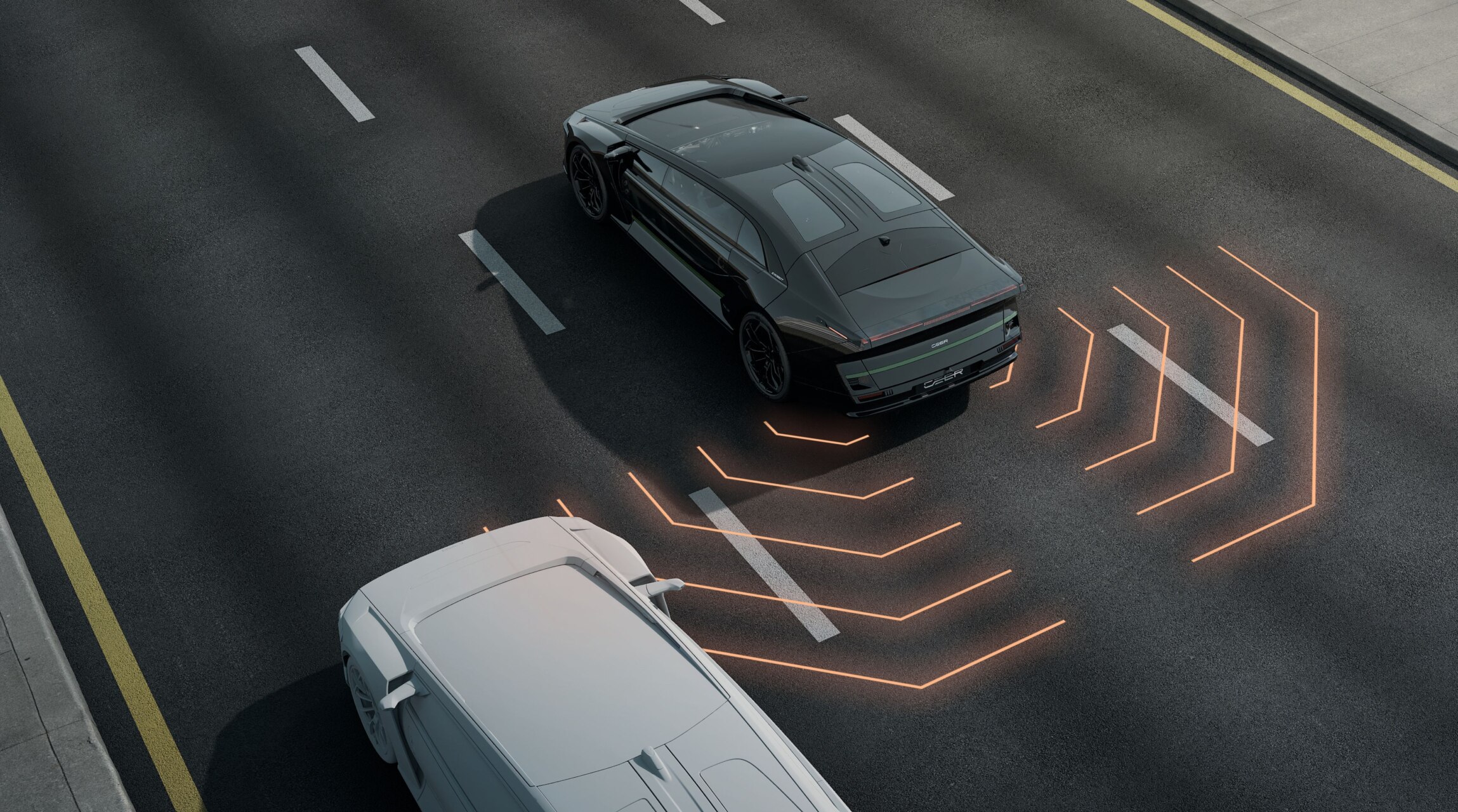 Vista trasera del CEER Exobot en la carretera con tecnología avanzada
