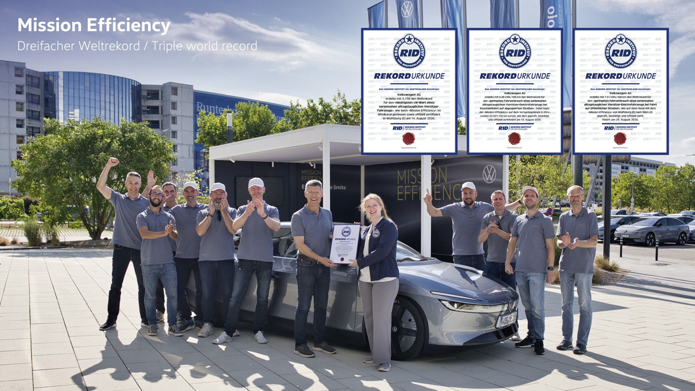 Equipo de Volkswagen celebrando el récord del Mission Efficiency