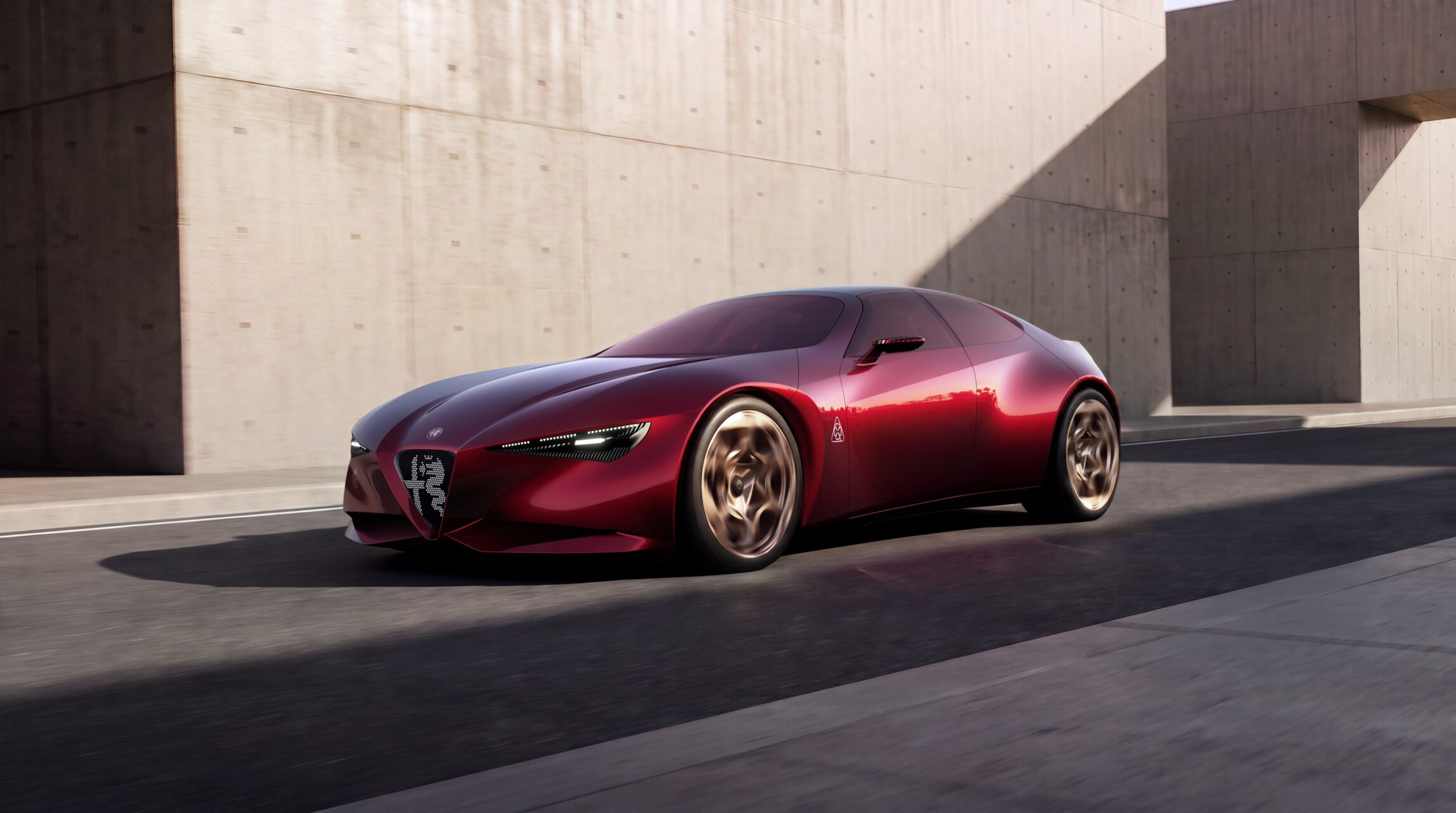 Render de un coupé rojo Alfa Romeo frente a un edificio de hormigón.