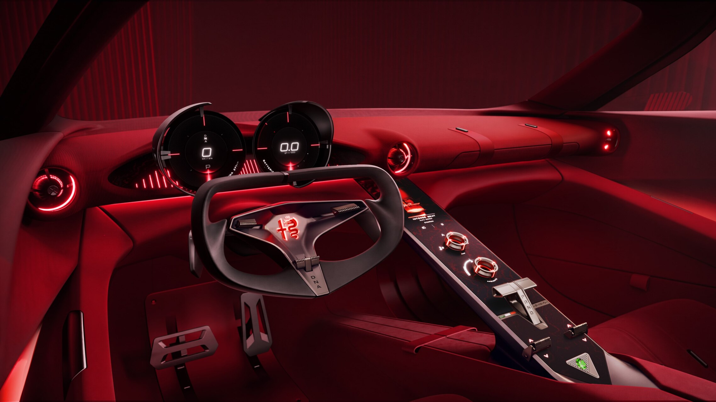 Interior rojo de un Alfa Romeo Cuorerosso, con volante, cuadro digital y consola central.