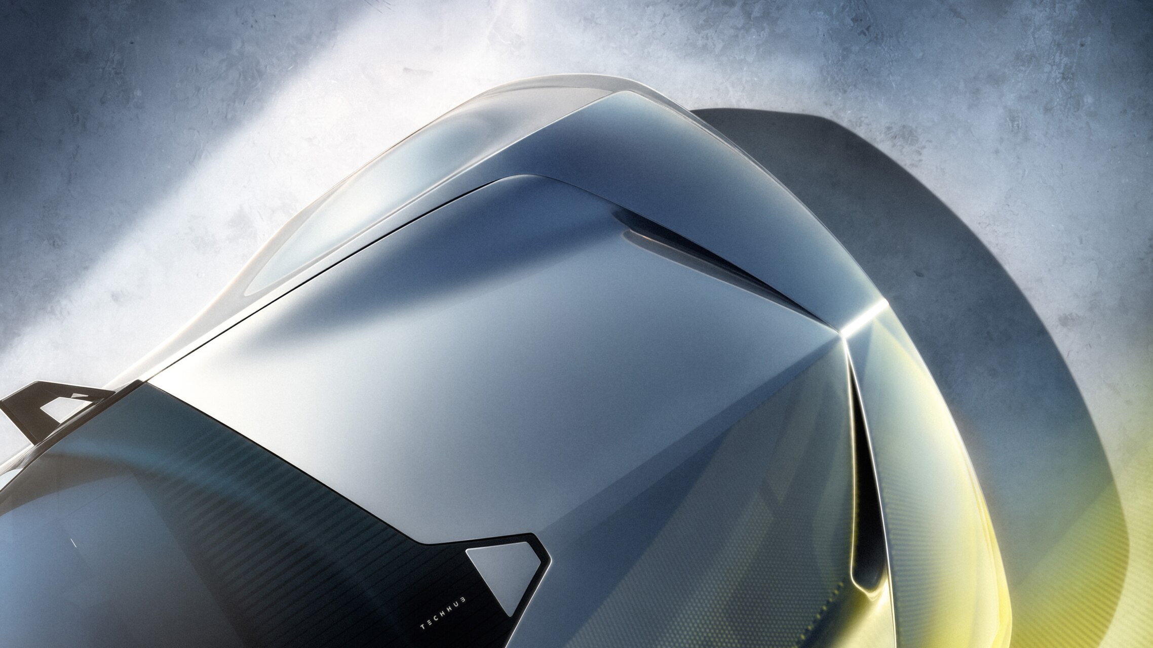 Detalle ilustrado de la carrocería plateada y la luneta de un Opel STX Concept