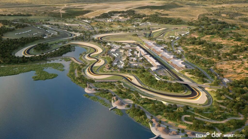 Render aéreo de un circuito de automovilismo con curvas junto a un lago